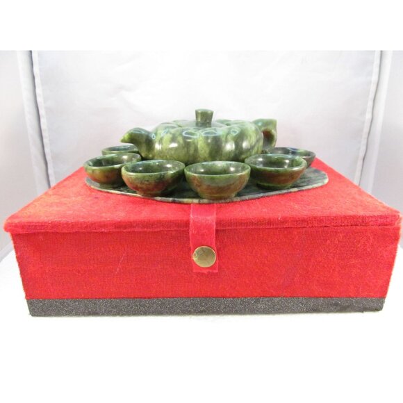Vintage Asian Jade Teapot Cups and Tray Set in Original Box - Picture 2 of 16